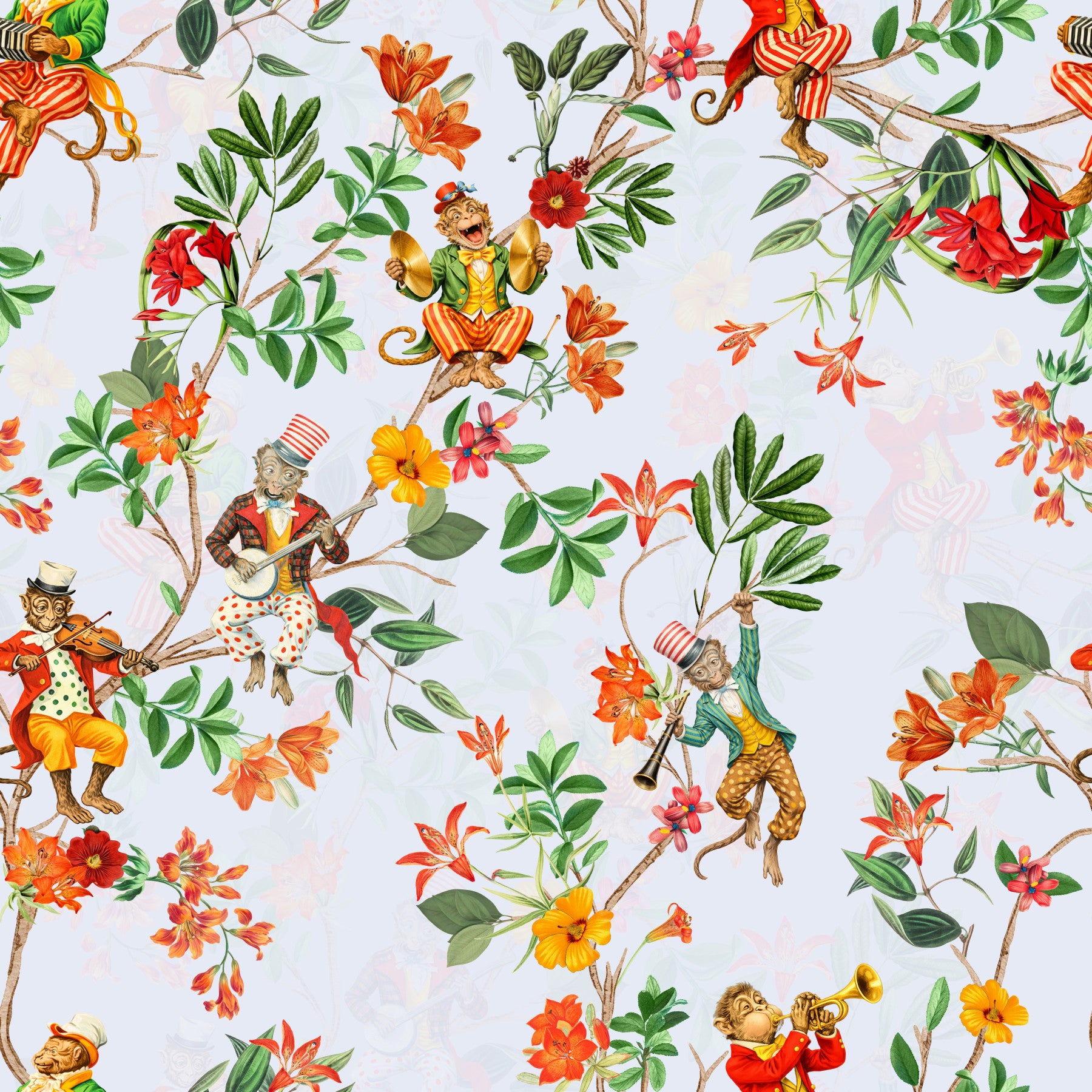 Whimsical Monkeys Playing Music Vintage Exotic Fun Garden blue Wallpaper⁠