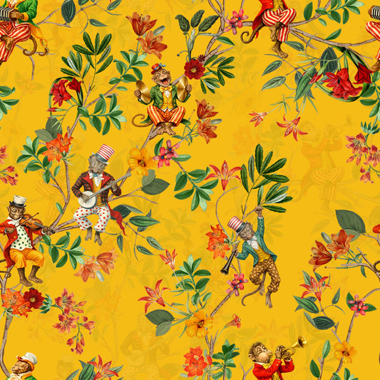 Whimsical Monkeys Playing Music Vintage Exotic Fun Garden yellow Wallpaper⁠