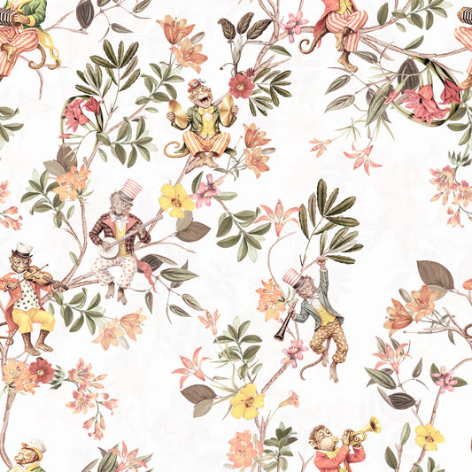 Whimsical Monkeys Playing Music Vintage Exotic Fun Garden white Wallpaper⁠