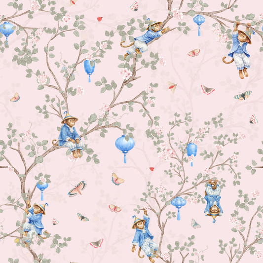 Vintage Rococo Chinoiserie Asian Lanterns with Monkeys and Sakura Flowers pink Wallpaper⁠