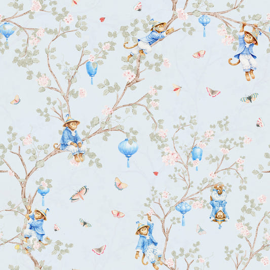 Vintage Rococo Chinoiserie Asian Lanterns with Monkeys and Sakura Flowers blue Wallpaper⁠