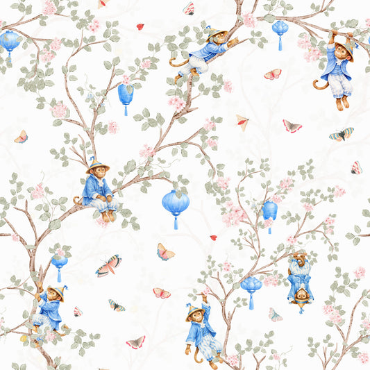 Vintage Rococo Chinoiserie Asian Lanterns with Monkeys and Sakura Flowers white Wallpaper⁠