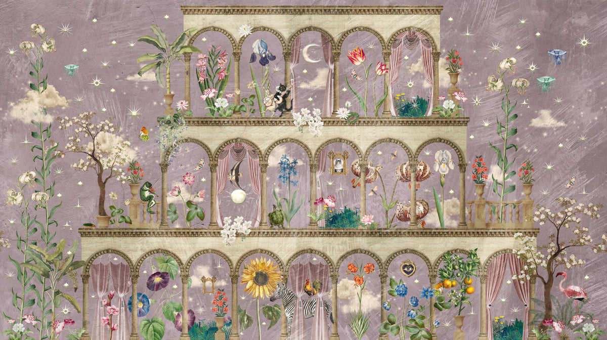 Floral Nightscape Garden on Pink Wall Mural
