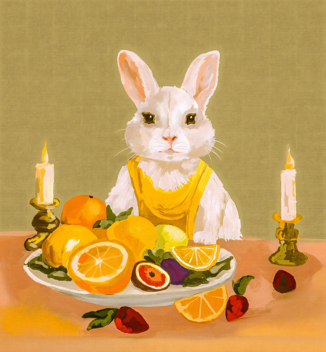 Bunny Candlelight Fruit Dinner Oil Painting Wall Mural