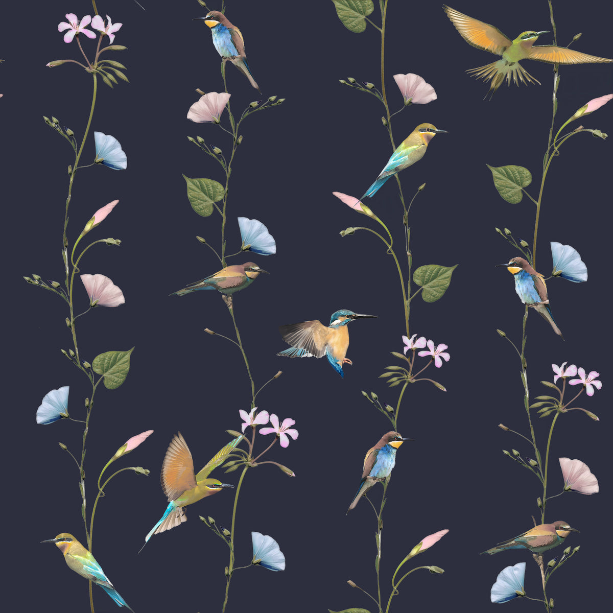 Vintage Birds in Moonlit Garden Wallpaper⁠
