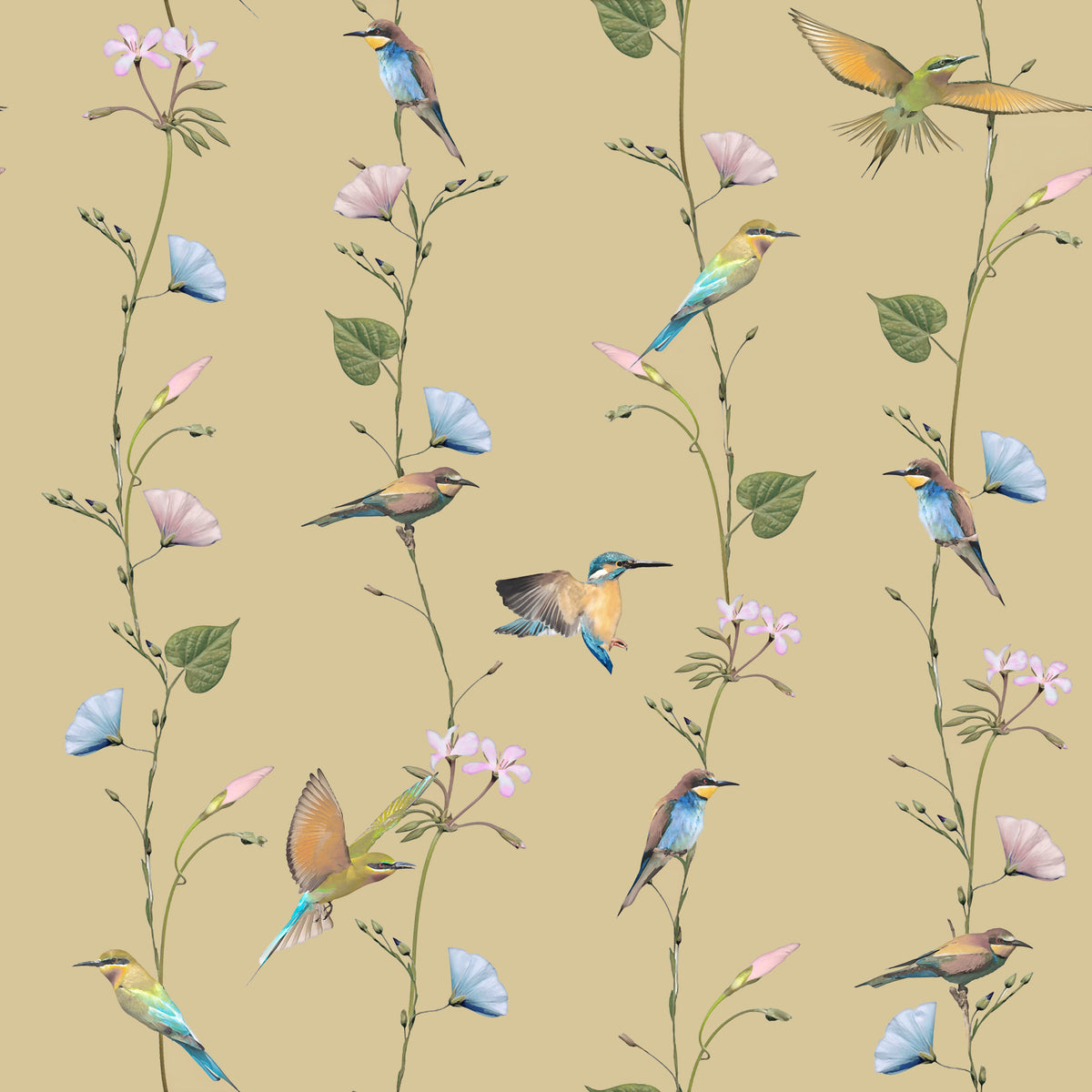 Pastel Songbirds on Beige Wallpaper⁠ in your room — zoomed