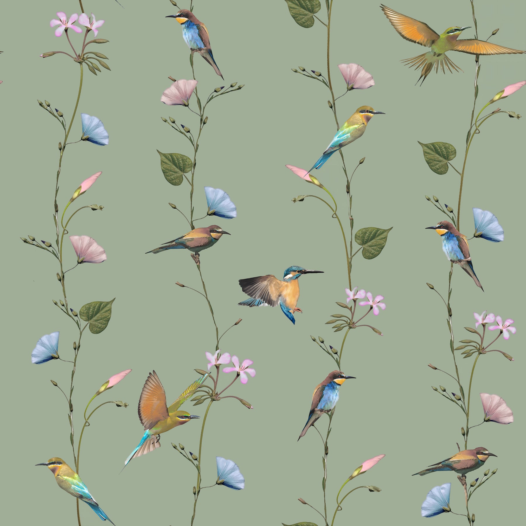 Botanical Birds in Soft Pastels Wallpaper⁠