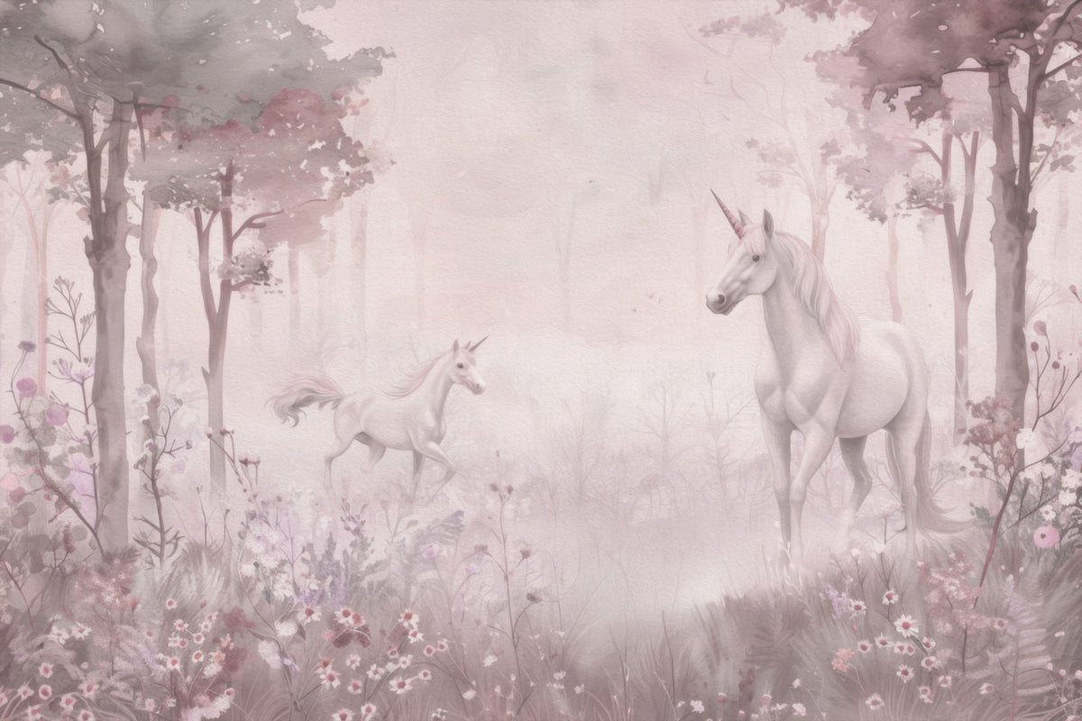 Unicorns in a Magical Dreamy Forest – Pink Wall Mural in your room — zoomed