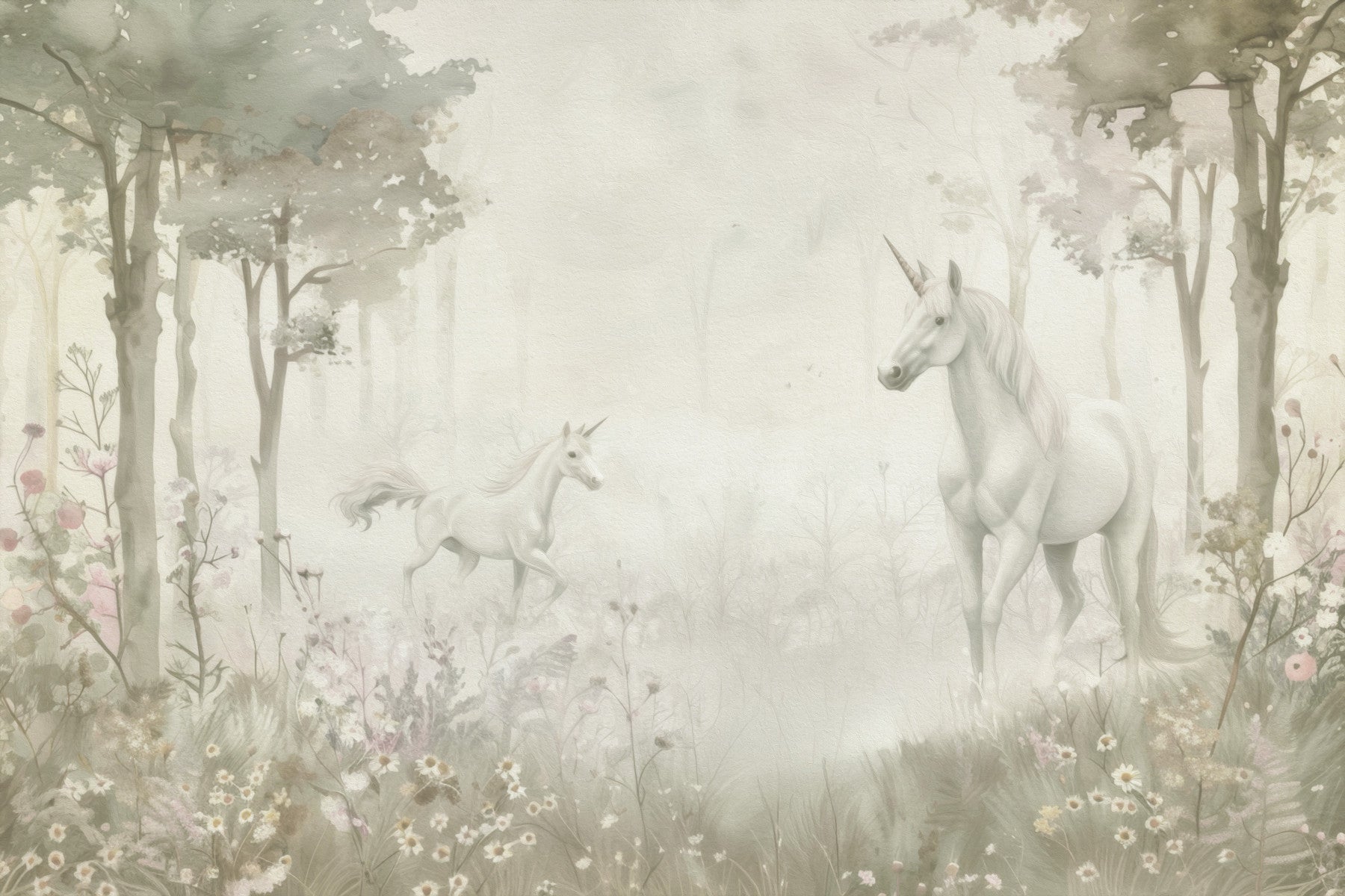 Unicorns in a Magical Dreamy Forest –  Sage Wall Mural in your room — zoomed