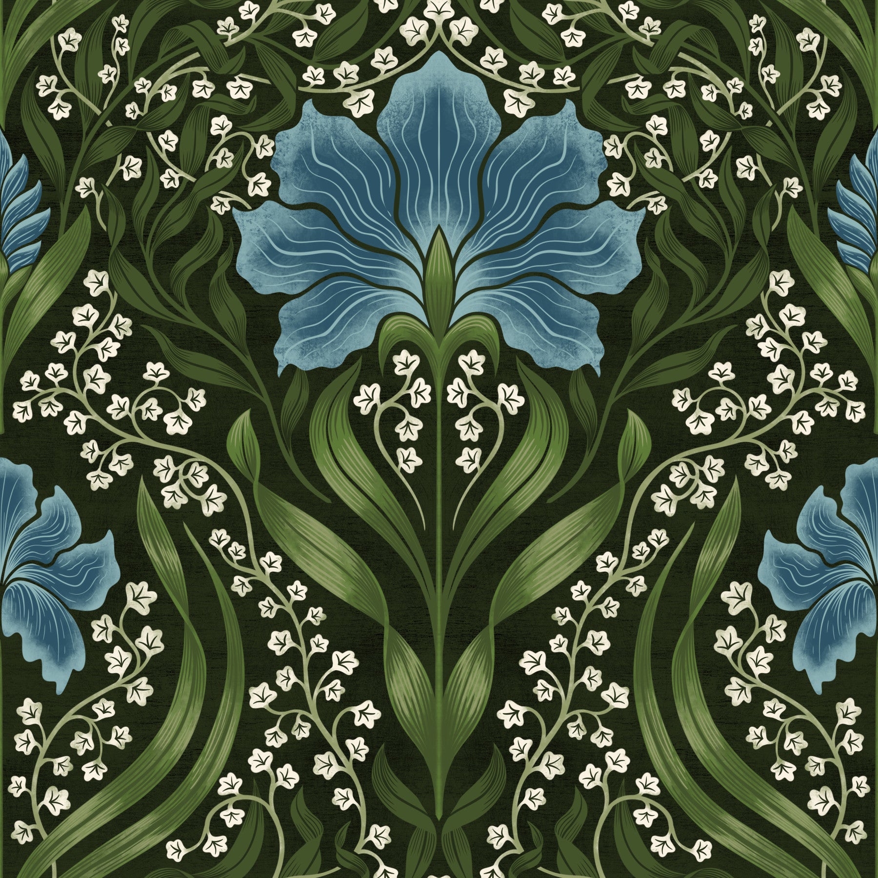 Intricate floral damask - blue Wallpaper