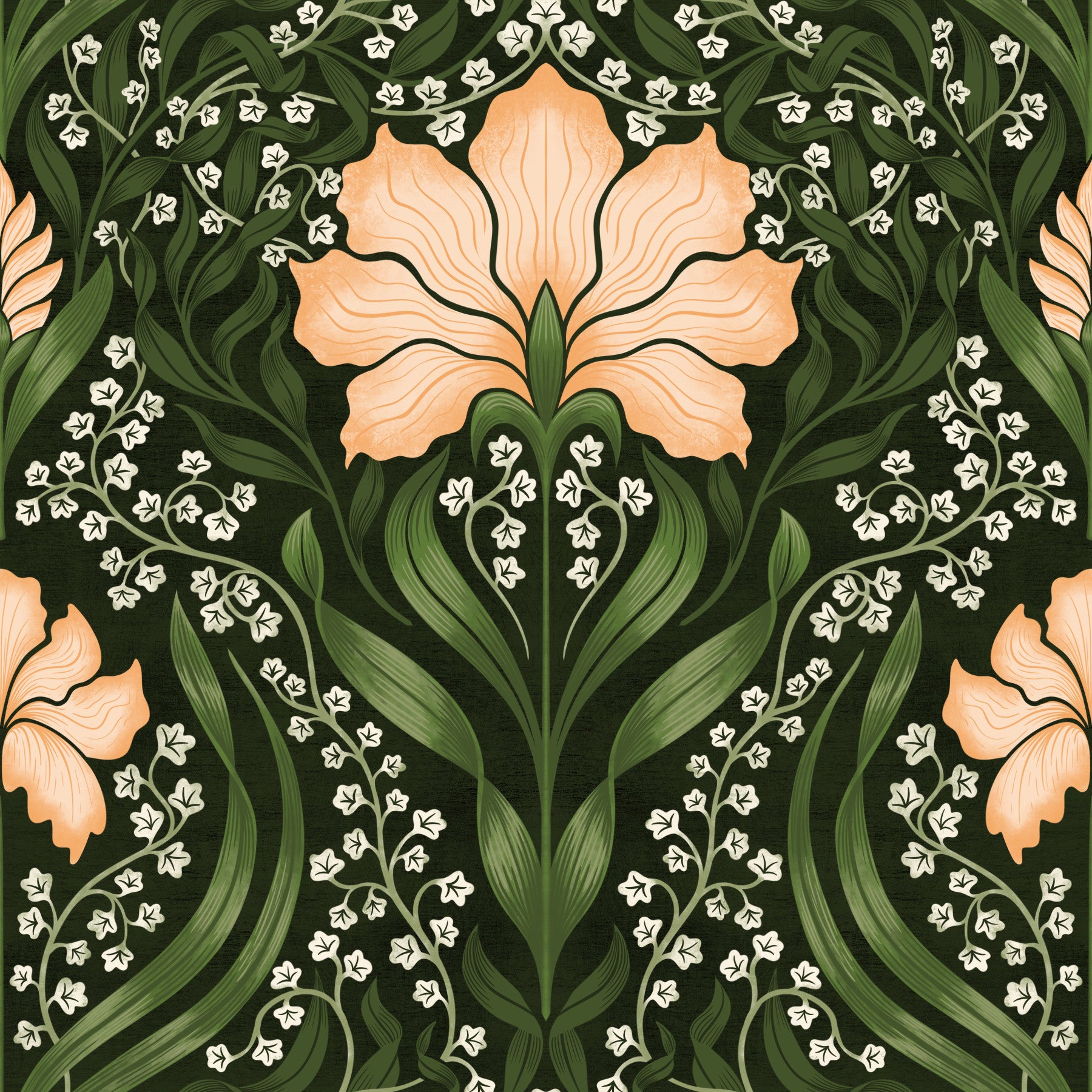 Intricate floral damask - apricot Wallpaper⁠