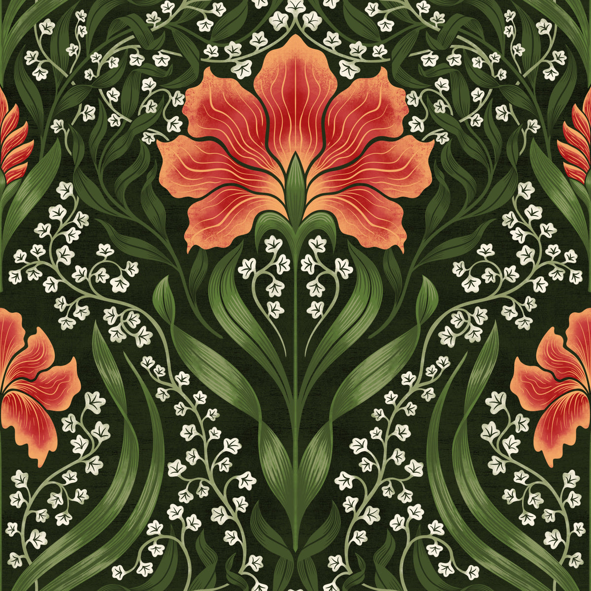 Intricate floral damask - red Wallpaper⁠