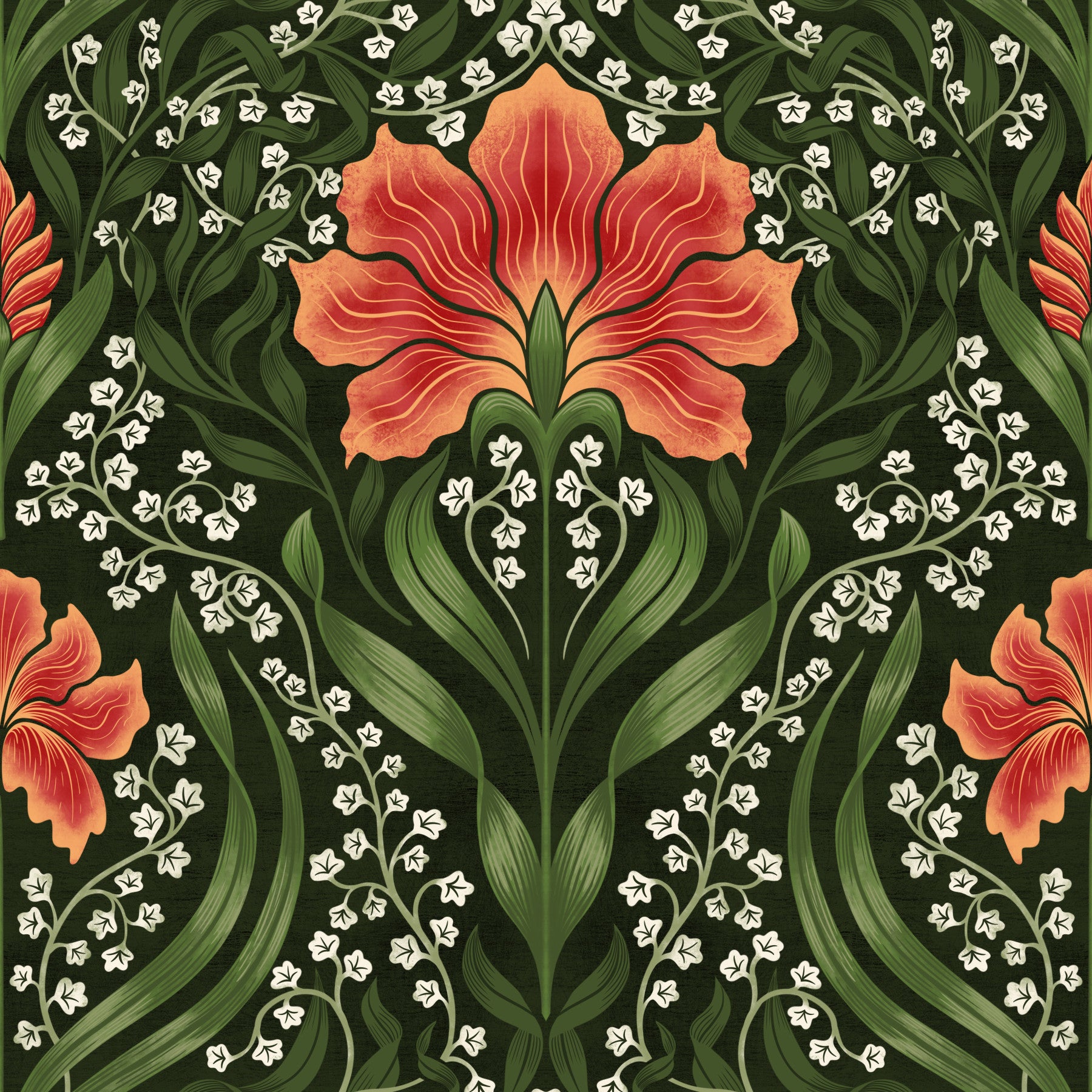 Intricate floral damask - red Wallpaper⁠