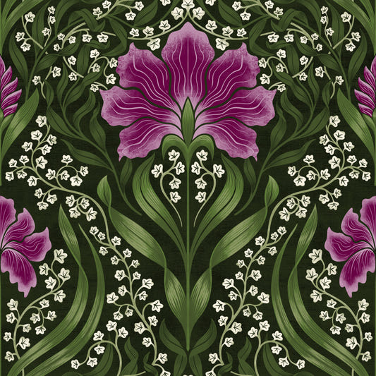 Intricate floral damask -  purple Wallpaper⁠