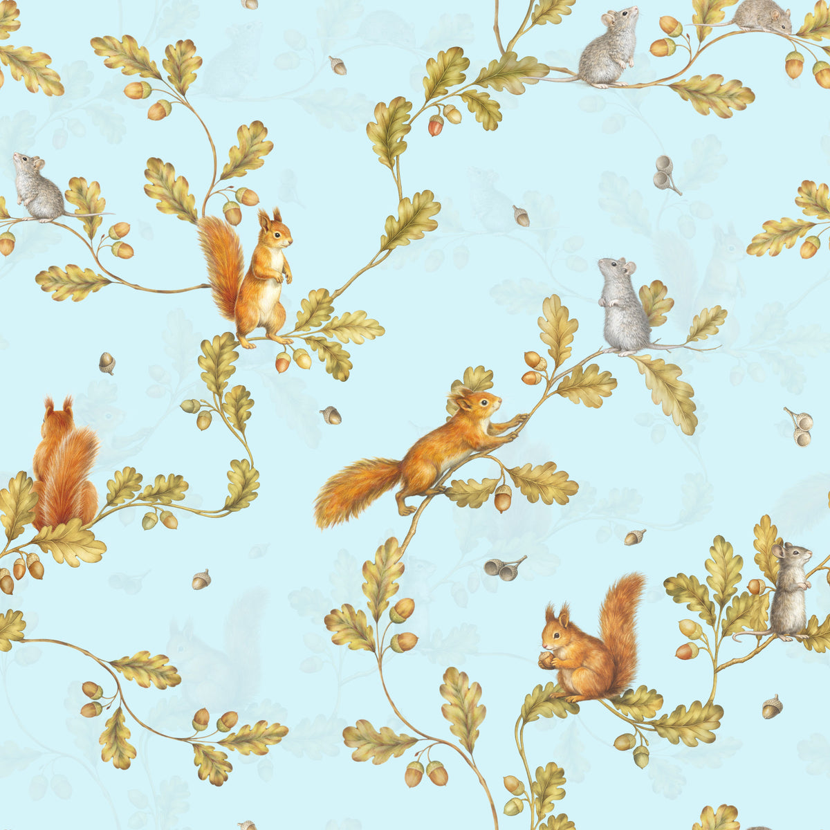 18th Rococo Forest Chinoiserie with Squirrels and Mice on Oak Tree Branches Blue Wallpaper⁠ in your room — zoomed
