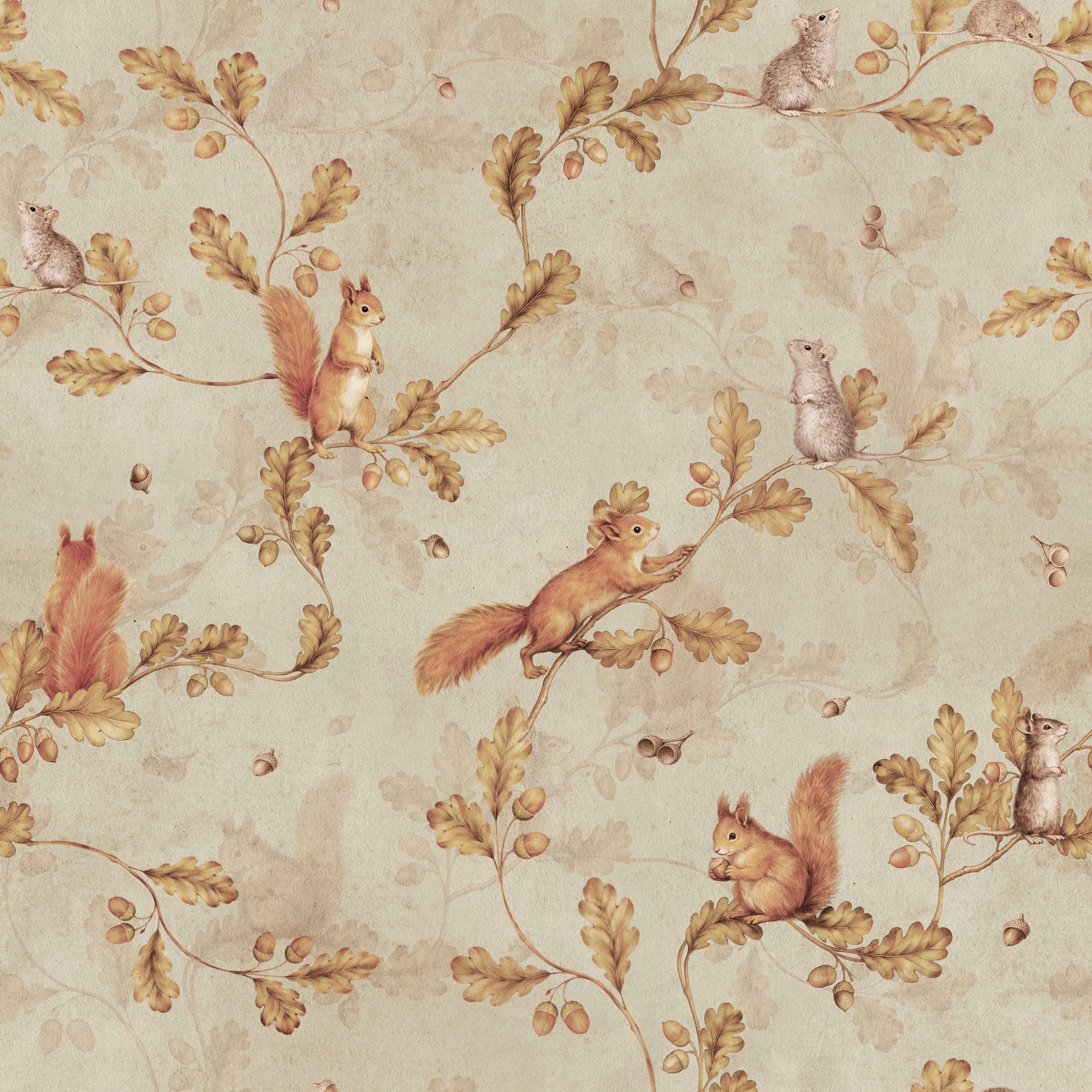 18th Rococo Forest Chinoiserie with Squirrels and Mice on Oak Tree Branches beige Wallpaper⁠