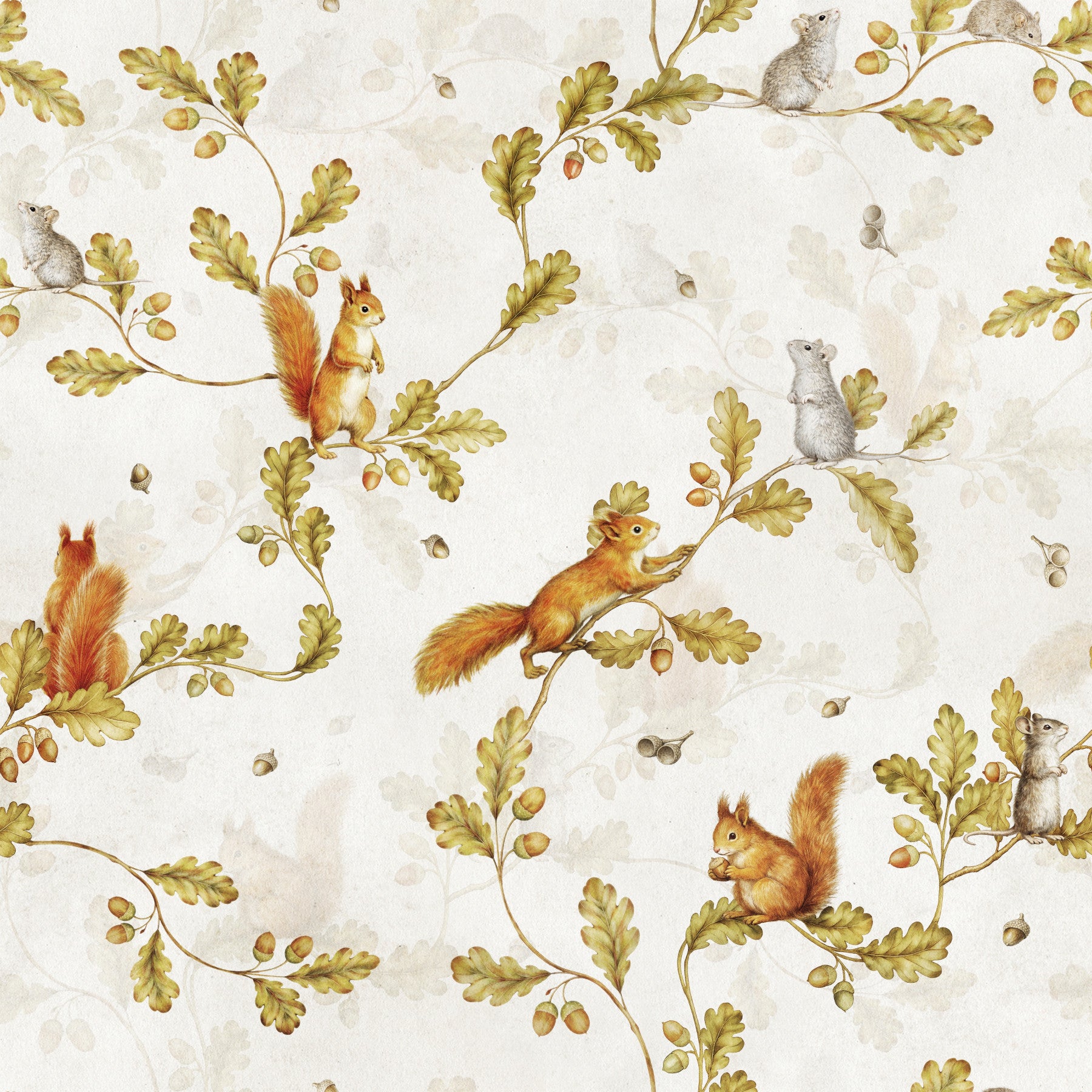 18th Rococo Forest Chinoiserie with Squirrels and Mice on Oak Tree Branches  Wallpaper⁠