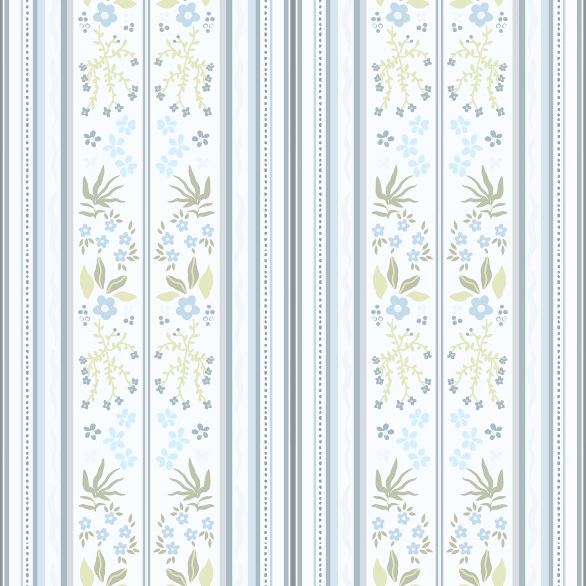 Serene Blue Cottagecore Floral Stripes whimsical Wallpaper⁠