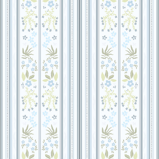 Serene Blue Cottagecore Floral Stripes whimsical Wallpaper⁠