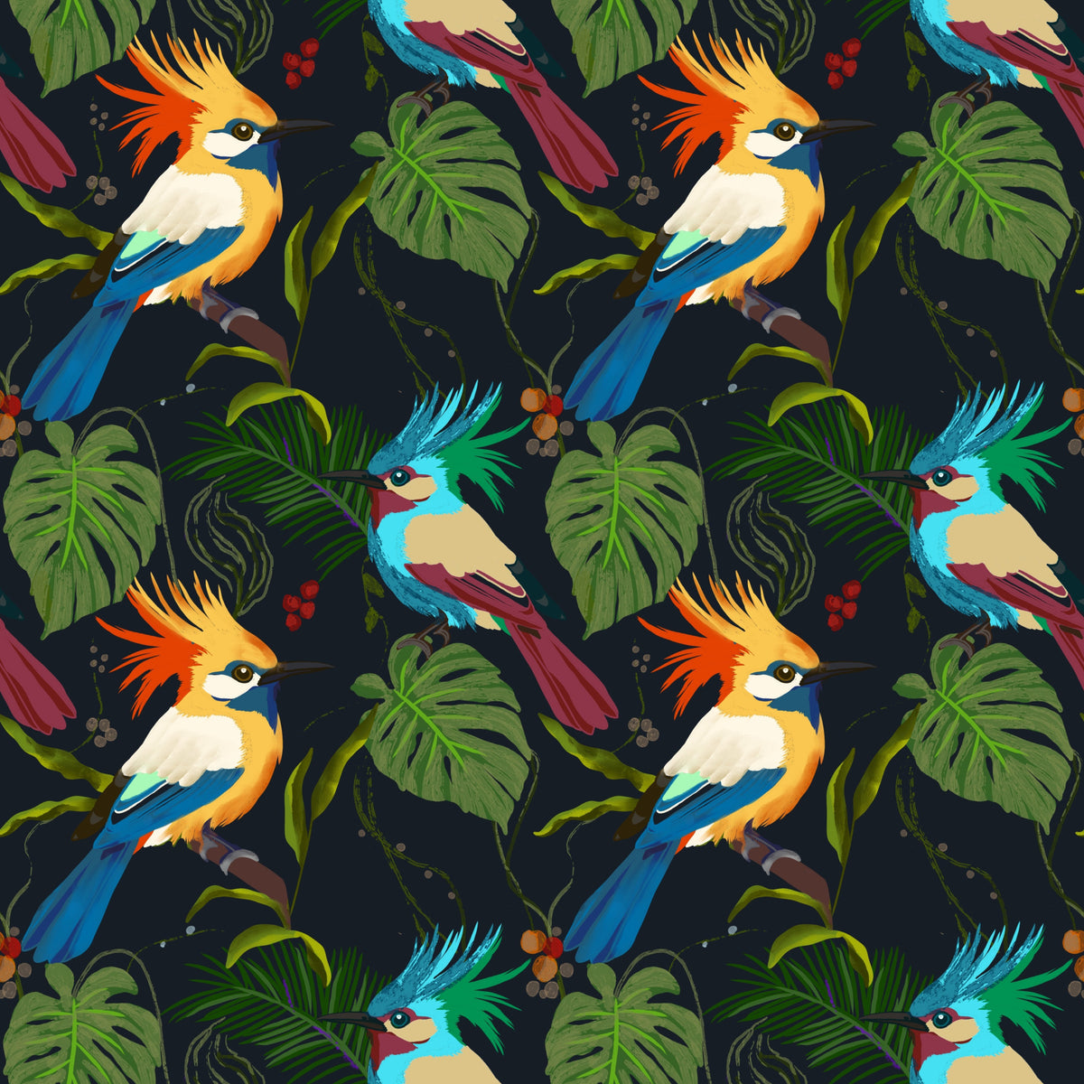 Jungle Birds Exotic Botanical Paradise  Wallpaper⁠