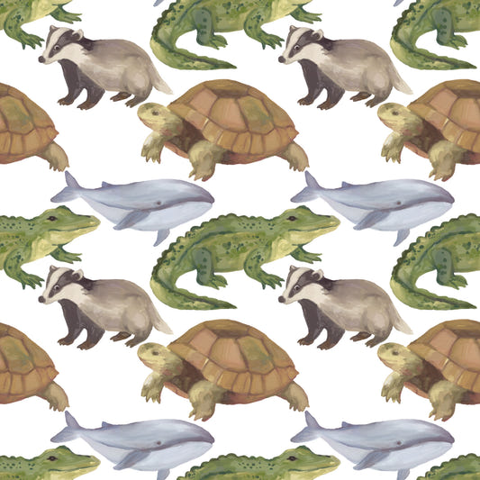 Watercolor Animals Tortoise Crocodile Whale themed kids room Wallpaper⁠