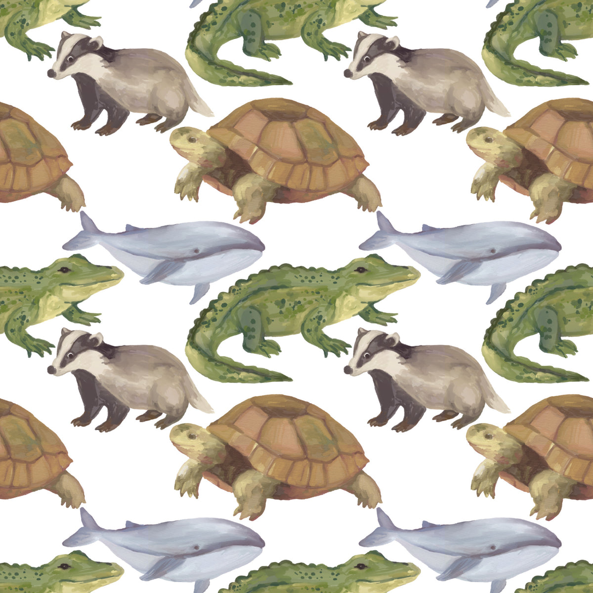 Watercolor Animals Tortoise Crocodile Whale themed kids room Wallpaper⁠ in your room — zoomed