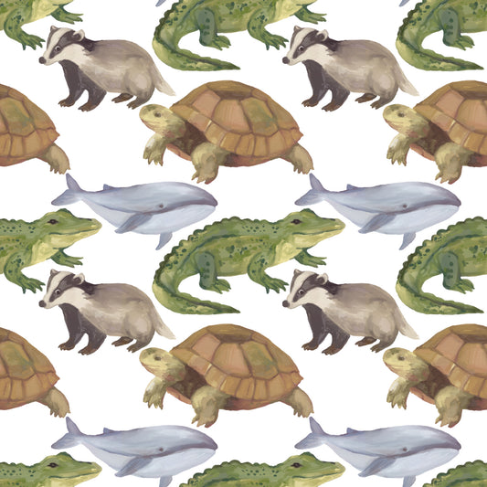 Watercolor Animals Tortoise Crocodile Whale themed kids room Wallpaper⁠