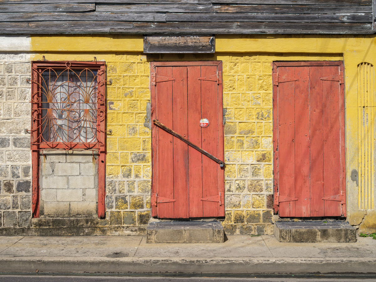 Weathered Brick Wall and Red Doors Wall Mural in your room — zoomed
