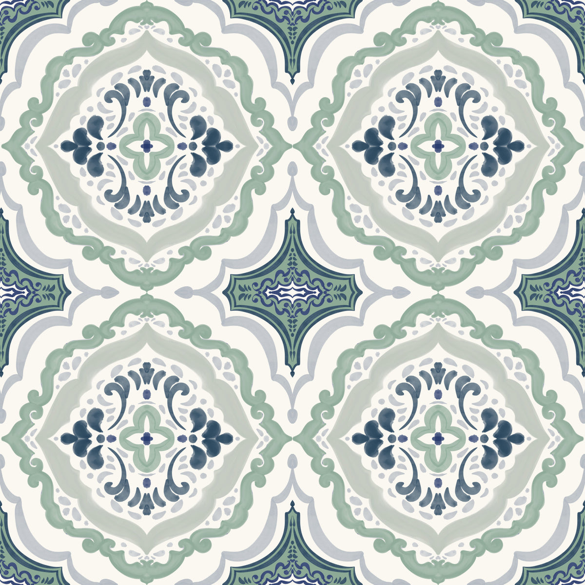 Indigo Bloom Tiles Wallpaper⁠ in your room — zoomed