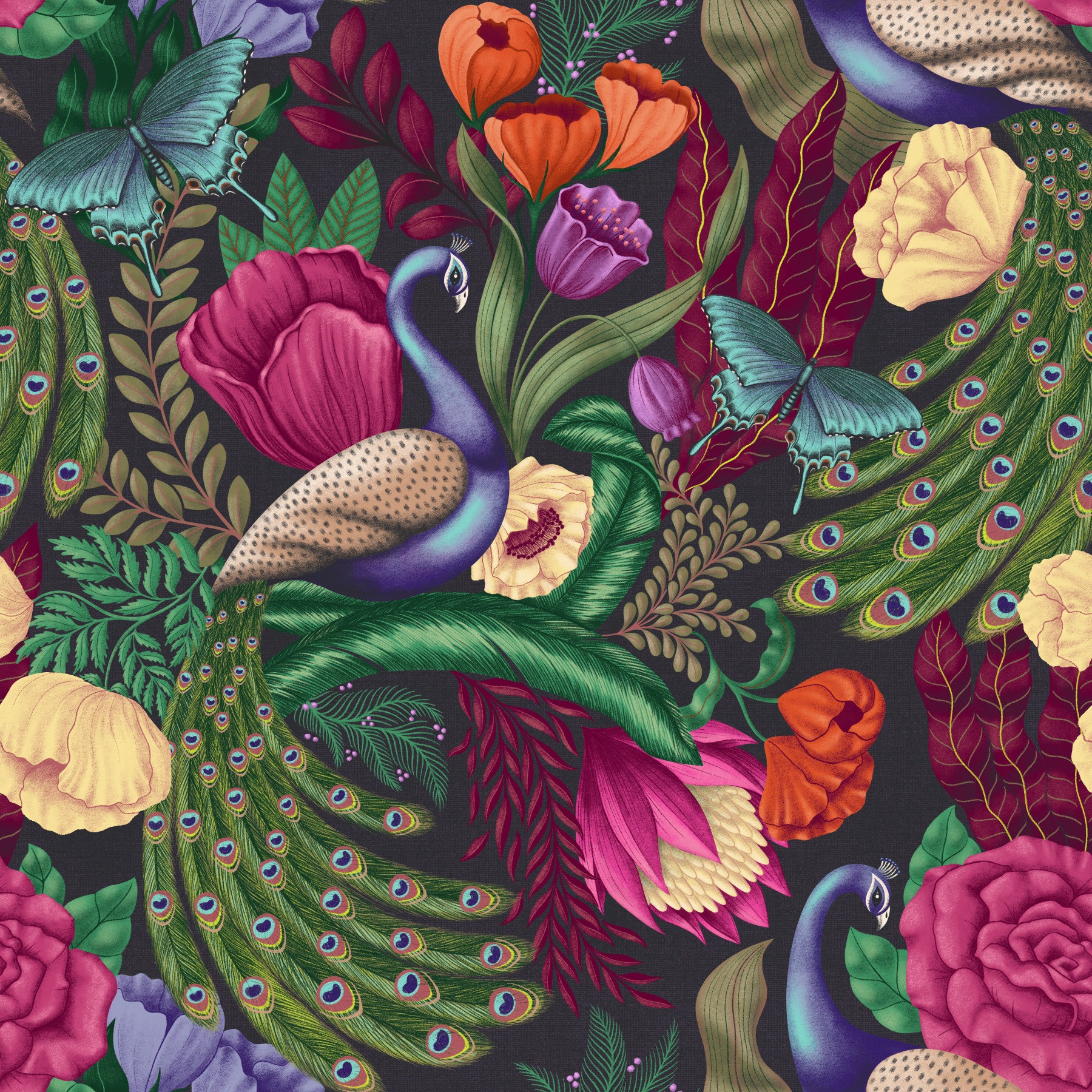 Maximalist Peacock Fantasy Garden -  Charcoal Black Wallpaper⁠