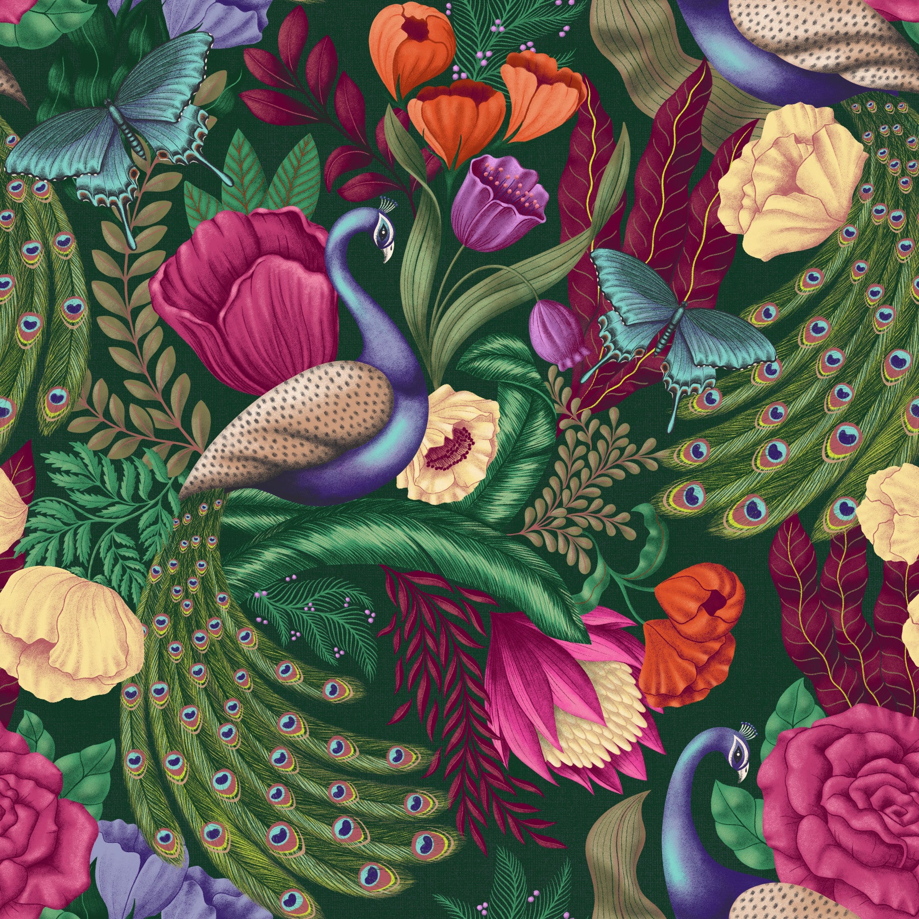 Maximalist Peacock Fantasy Garden - Dark Green Wallpaper⁠