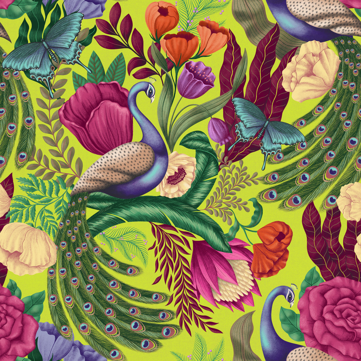Maximalist Peacock Fantasy Garden -  Neon Green Wallpaper⁠