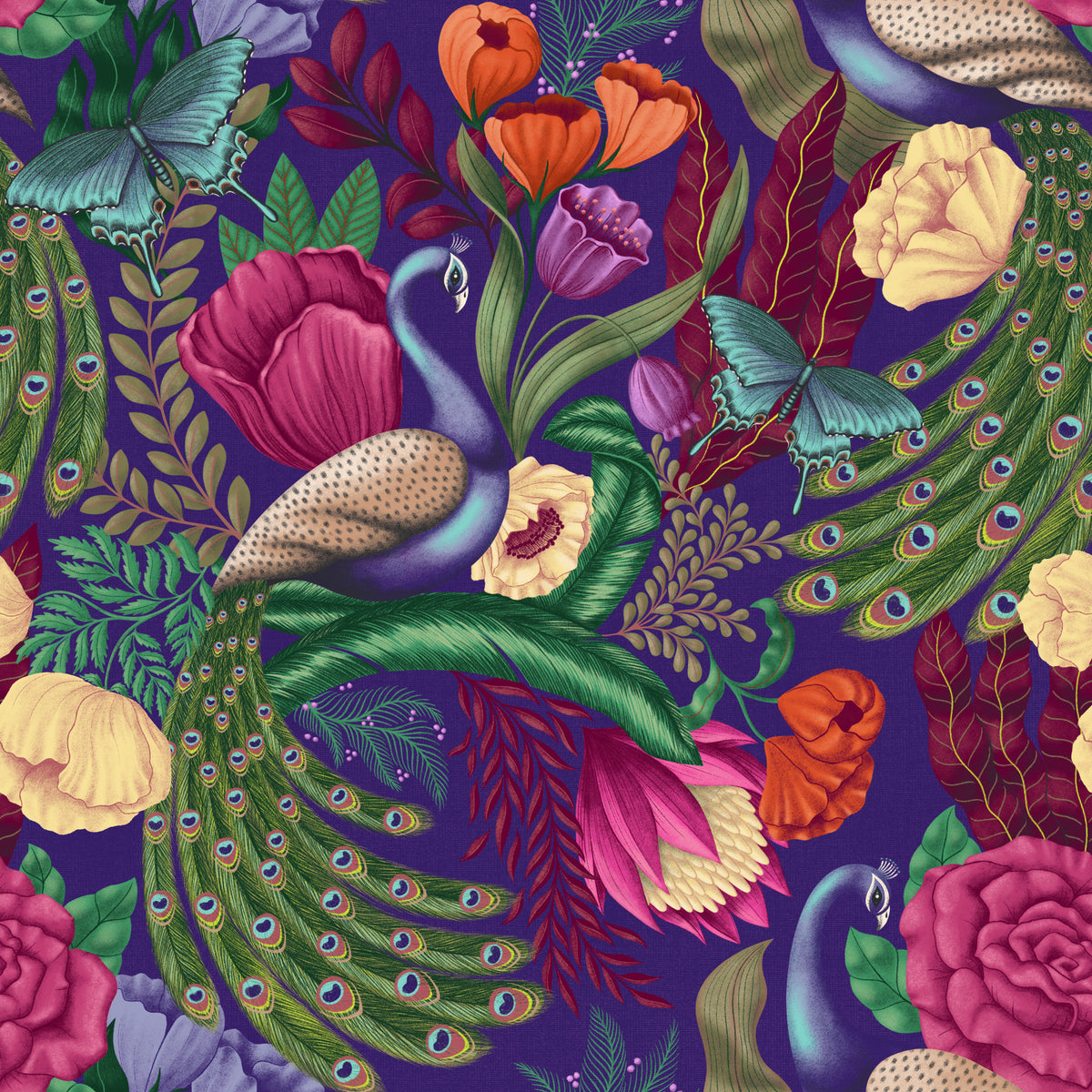 Maximalist Peacock Fantasy Garden - Dark Purple Wallpaper⁠ in your room — zoomed