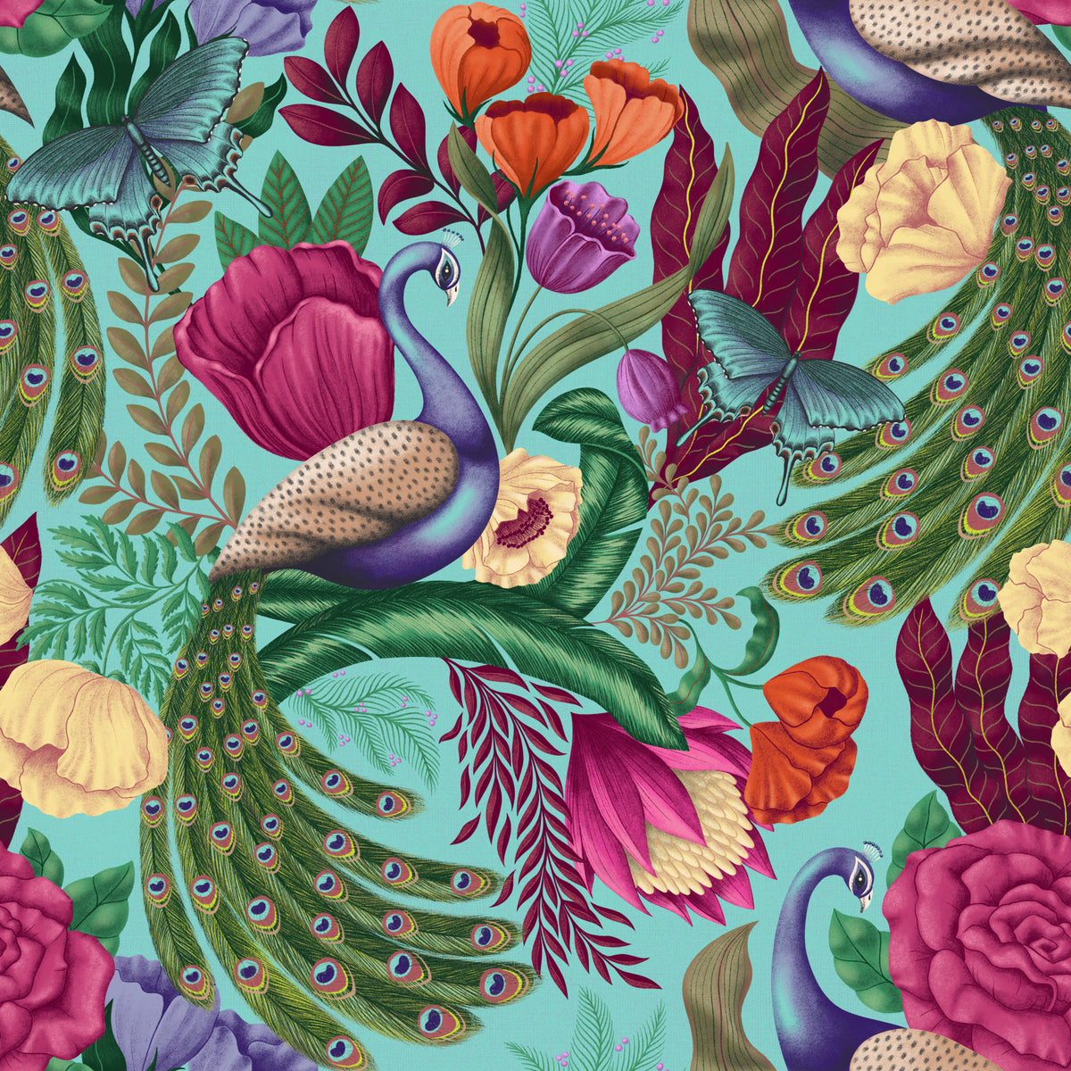 Maximalist Peacock Fantasy Garden - Turquoise Wallpaper⁠