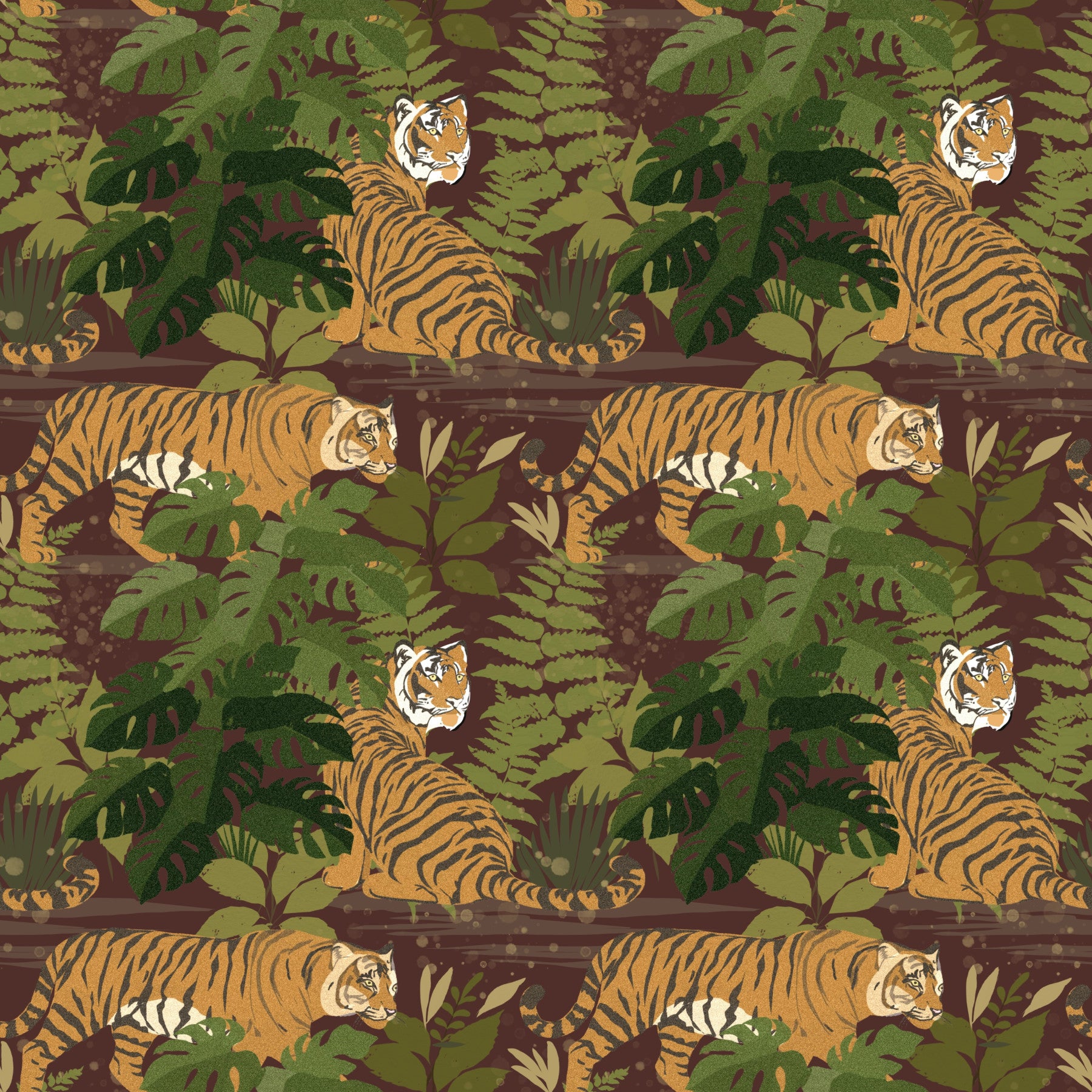 Wild Jungle Roam Tigers Tropical Monstera Wallpaper⁠