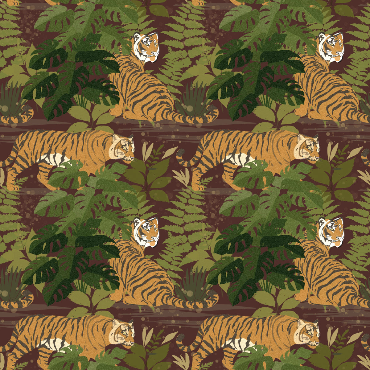 Wild Jungle Roam Tigers Tropical Monstera Wallpaper⁠ in your room — zoomed