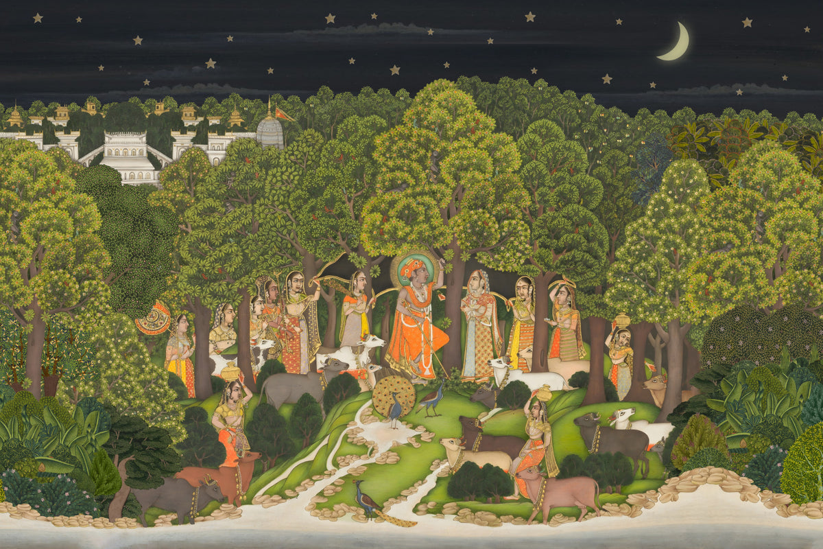 Krishna's Enchanted Forest Night Wall Mural in your room — zoomed