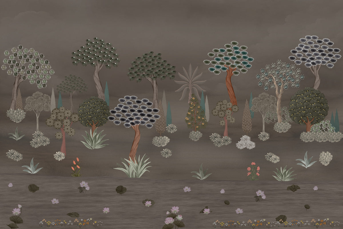 Muted Forest Tapestry Wall Mural in your room — zoomed