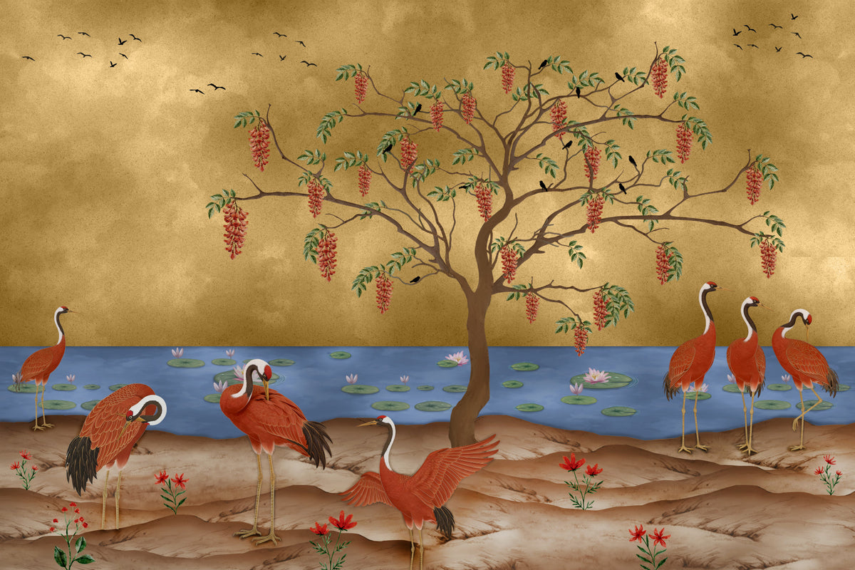 Oriental Cranes & Golden Waters Wall Mural