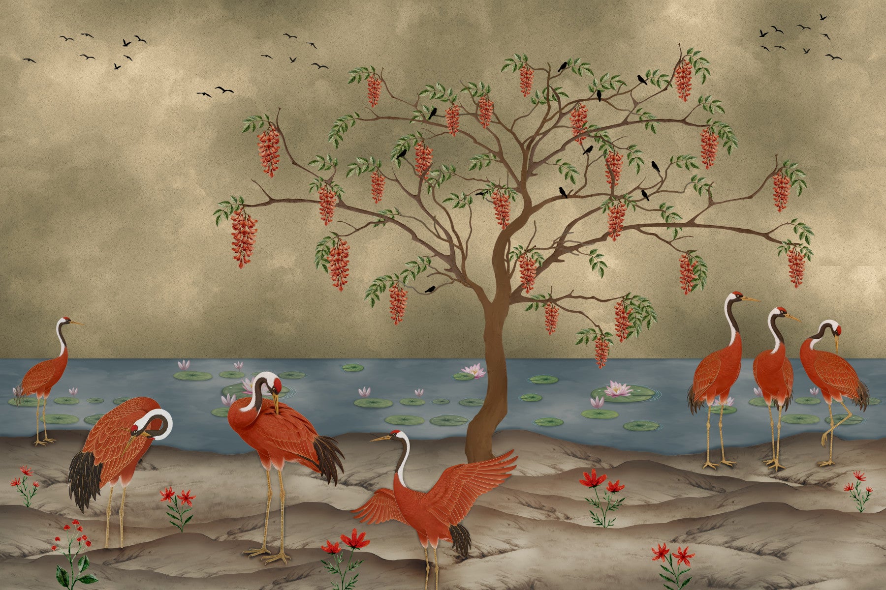 Crimson Cranes by Lotus Lake Wall Mural