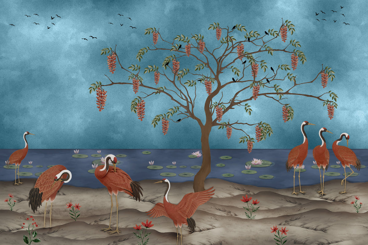Lakeside Reverie: Cranes & Wisteria Wall Mural in your room — zoomed