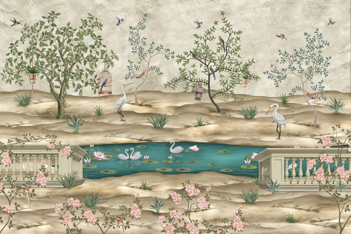 Chinoiserie Garden & Swan Pond Wall Mural in your room — zoomed
