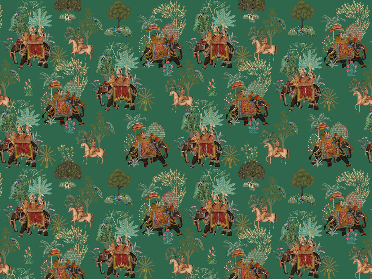 Regal Indian Procession in Emerald Jungle Wall Mural in your room — zoomed