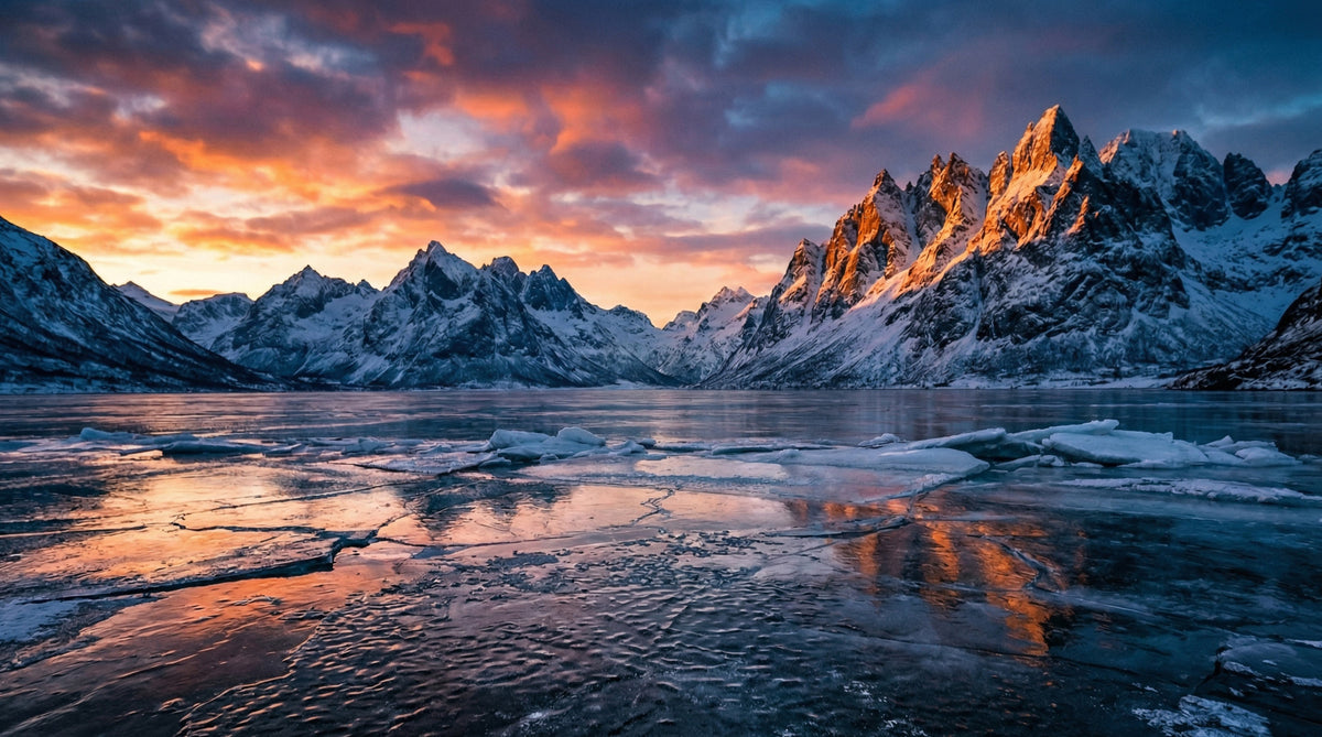 Frozen Peaks, Fiery Skies Wall Mural