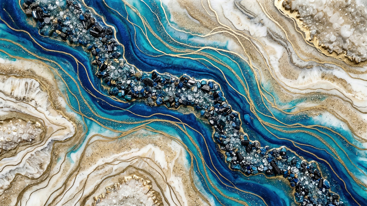 Aqua Gold Geode Flow Wall Mural in your room — zoomed
