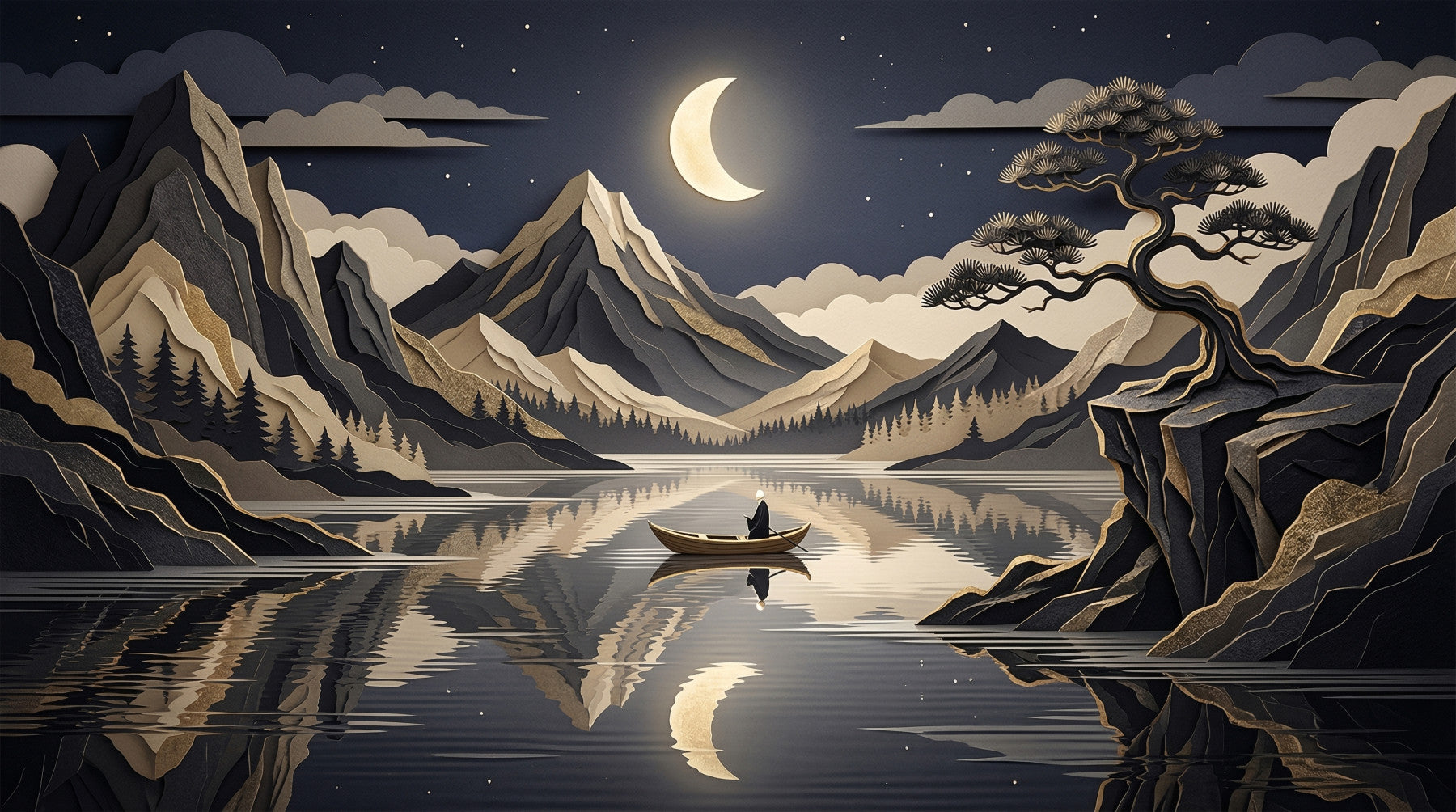 Golden Moon Over Layered Peaks Wall Mural
