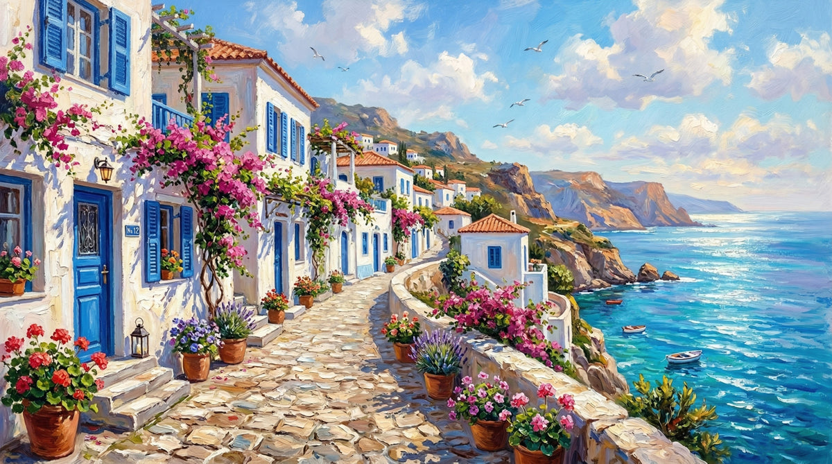 Painterly Greek Isle Escape Wall Mural in your room — zoomed