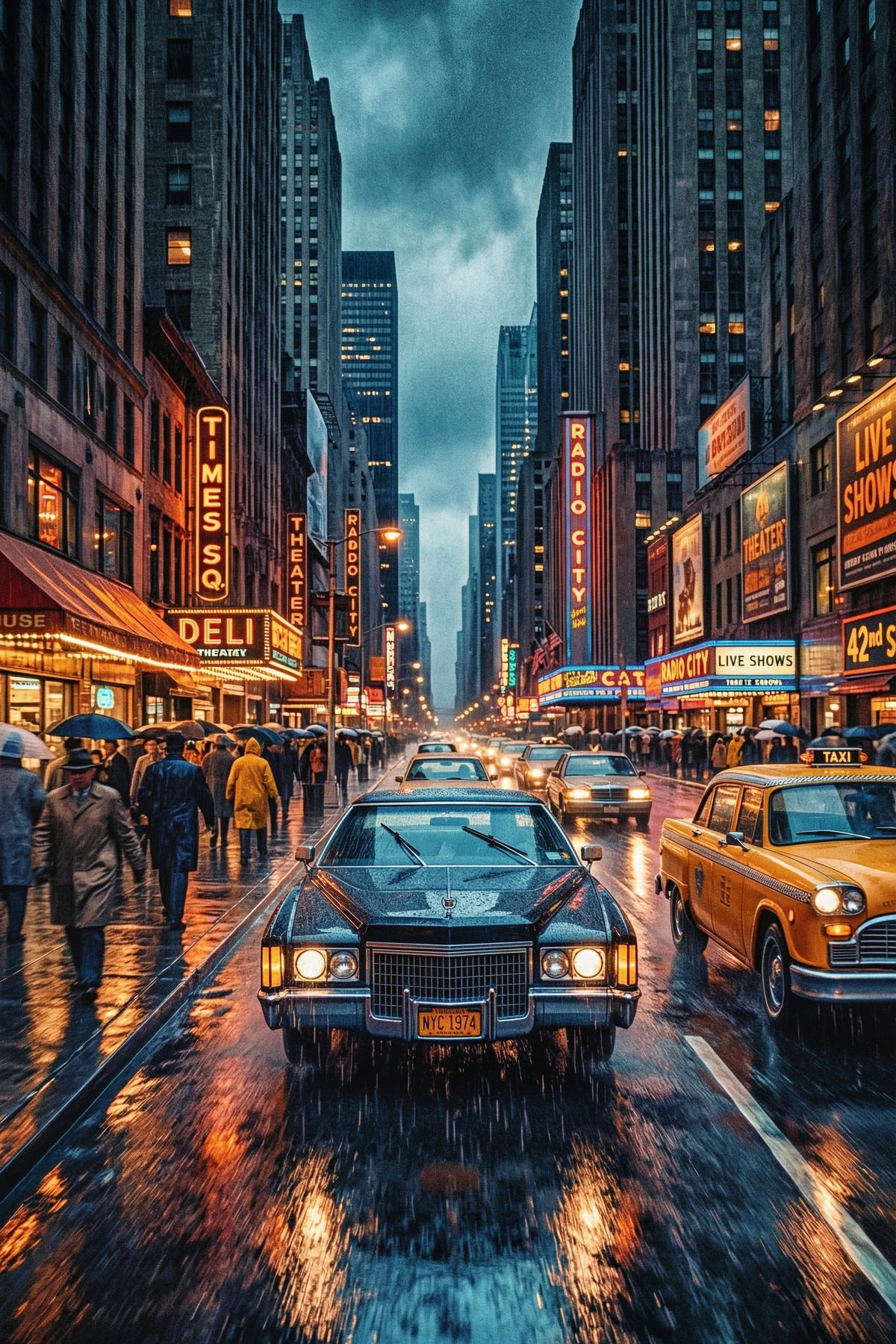 Neon Rain: Vintage New York Streets Wall Mural in your room — zoomed