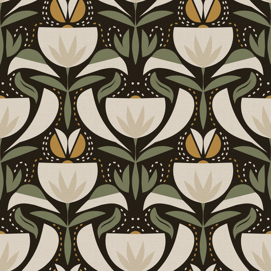 Scandinavian Folk Art Floral Garden – Earthy Botanical Pattern with Sage Green Leaves, Cream Flowers and Mustard Gold Accents – Symmetrical Vintage Nature Design  Wallpaper⁠