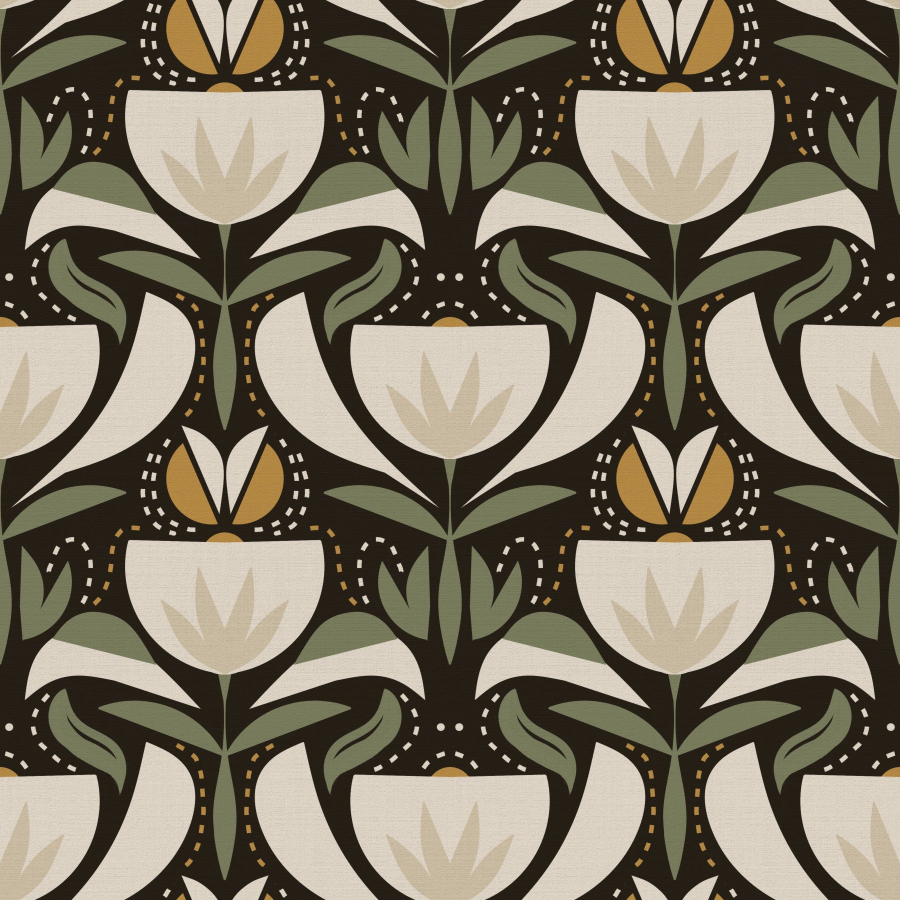 Scandinavian Folk Art Floral Garden – Earthy Botanical Pattern with Sage Green Leaves, Cream Flowers and Mustard Gold Accents – Symmetrical Vintage Nature Design  Wallpaper⁠